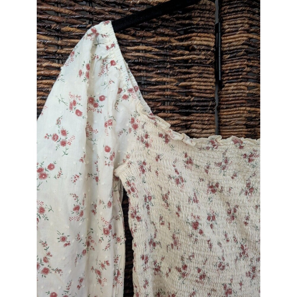 Y2K Balloon Sleeve Smocked Crop Top 90s Shirt Fairy Cottagecore Swiss Dot Ruffle - Picture 2 of 7